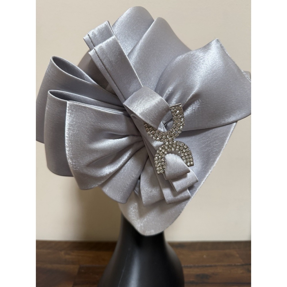 HI's Silver Gray Church Hat Rhinestone Bow Wedding Kentucky Derby Mother Bride - Picture 4 of 16
